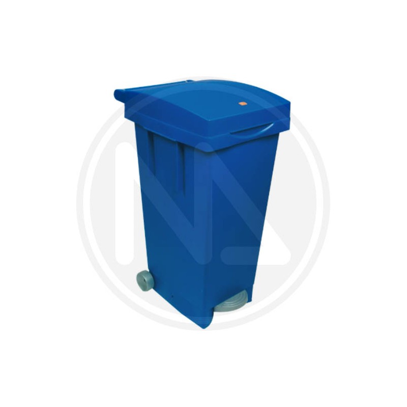 blue PVC trash bin with wheels
