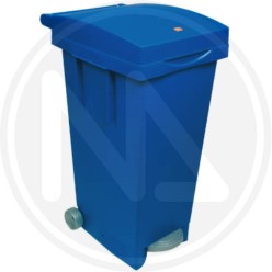 blue PVC trash bin with wheels